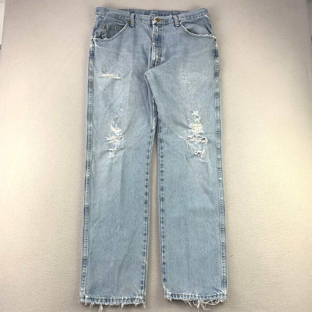 Wrangler Regular Fit Jeans Mens 36x32 Light‎ Blue Distressed Straight Leg Denim